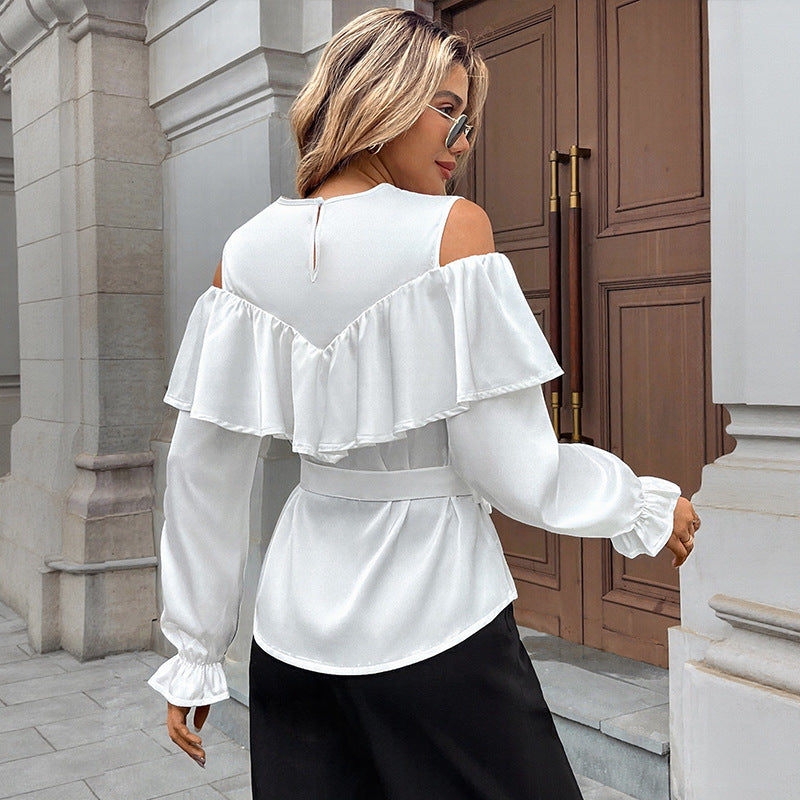 Damen Elegant-Volant-Bluse mit Cut-Out-Schulter und Bindegürtel Shop Nory