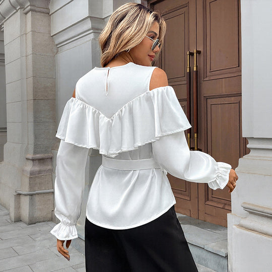 Damen Elegant-Volant-Bluse mit Cut-Out-Schulter und Bindegürtel Shop Nory