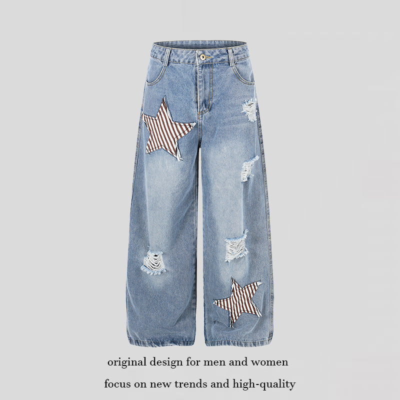 Damen weite hochgeschnittene Jeans mit Stern-Applikationen und Destroy-Effekt Shop Nory
