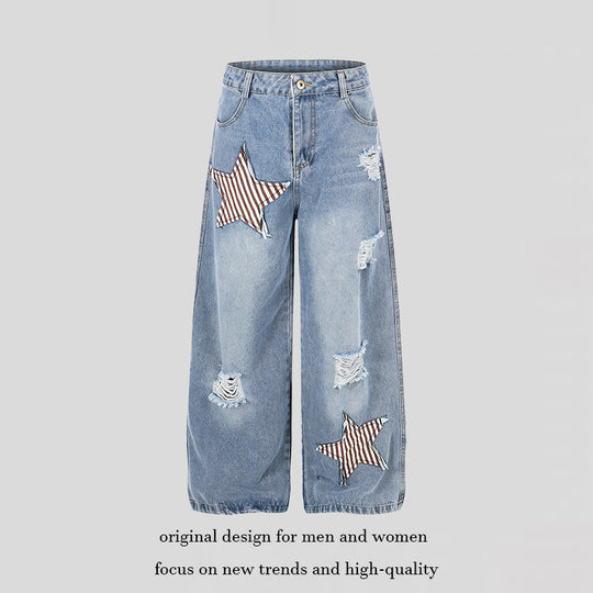 Damen weite hochgeschnittene Jeans mit Stern-Applikationen und Destroy-Effekt Shop Nory