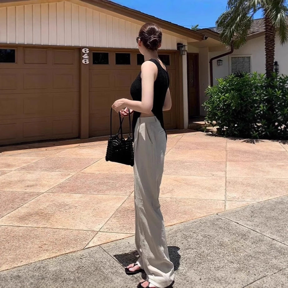 Damen Weite Leinenmix-Hose mit hoher Taille, Bügelfalte und Eingrifftaschen Shop Nory