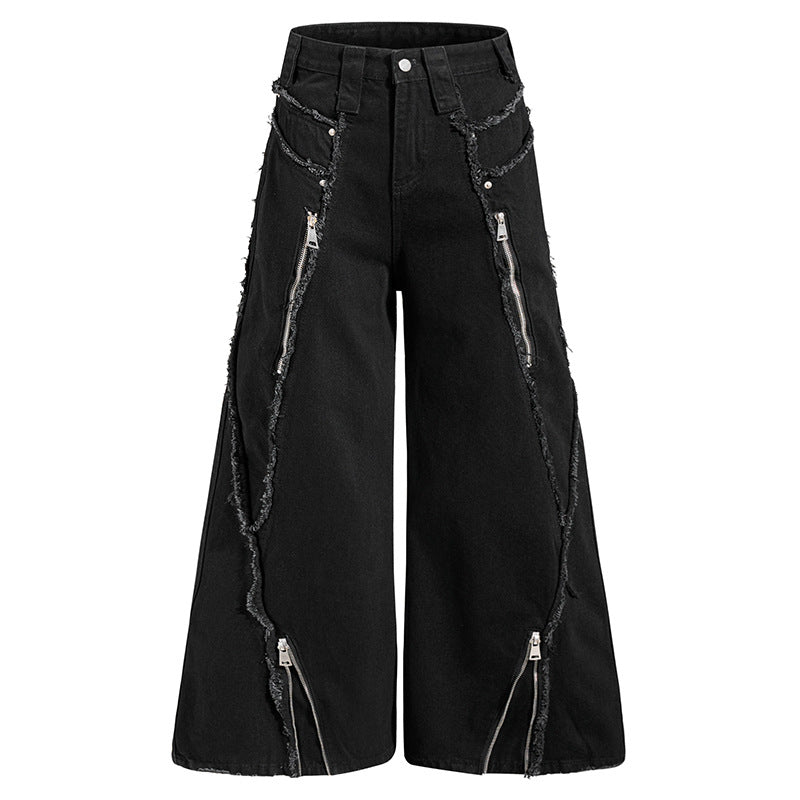 Damen weite Denim-Culotte mit Fransen-Details und Zipper-Akzenten Shop Nory