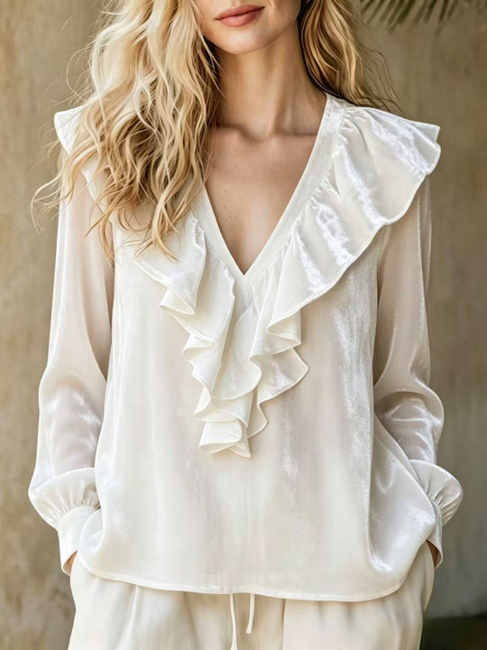 Damen Rüschige V-Ausschnitt-Bluse aus Chiffon mit Volantkragen und elastischen Manschetten Shop Nory