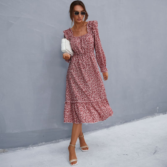 Damen Romantisches Midikleid mit quadratischem Ausschnitt, geraffter Taillenpassform und Stufenvolant Shop Nory