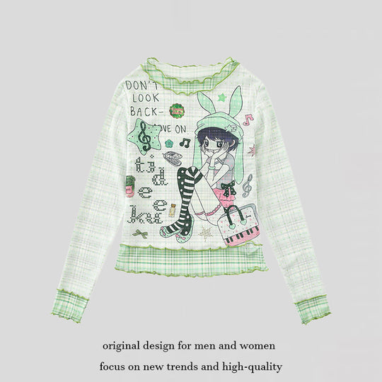 Damen Transparentes Mesh-Langarmshirt mit Manga-Print, Rüschensaum und Karomanschetten Shop Nory