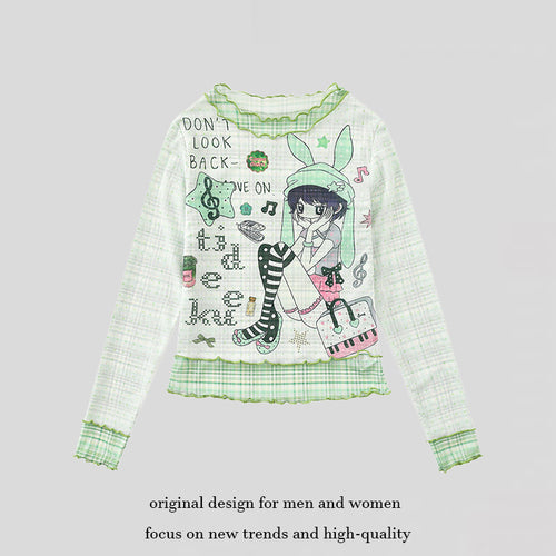 Damen Transparentes Mesh-Langarmshirt mit Manga-Print, Rüschensaum und Karomanschetten Shop Nory