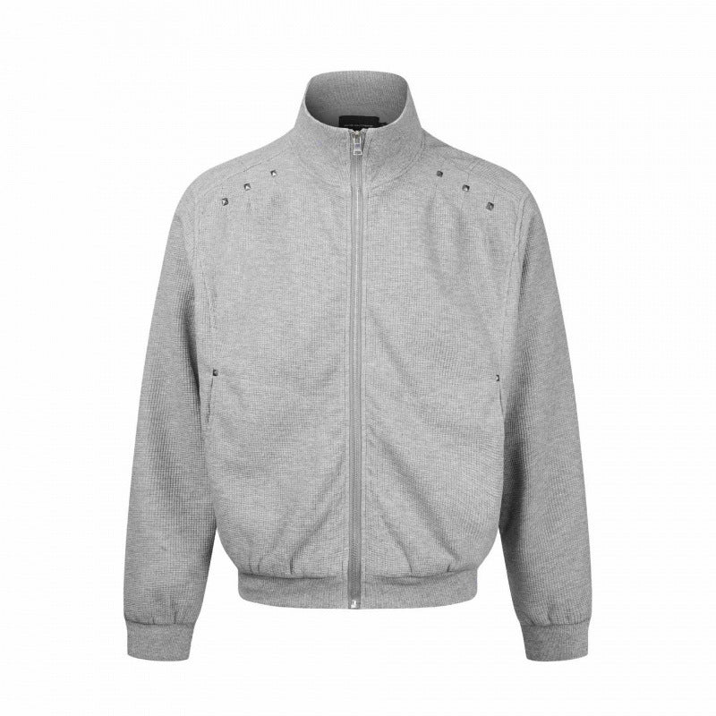 Unisex Grobgestrickte Zip‑Bomberjacke mit Stehkragen, Nieten‑Detail und Reißverschlusstaschen Shop Nory