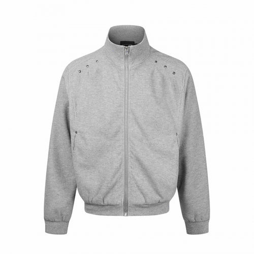 Unisex Grobgestrickte Zip‑Bomberjacke mit Stehkragen, Nieten‑Detail und Reißverschlusstaschen Shop Nory