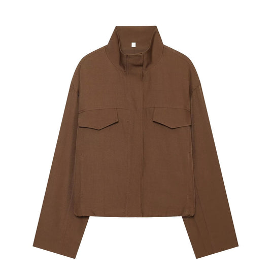 Damen Boxy Cropped Utility-Jacke mit hohem Stehkragen und Pattentaschen Shop Nory