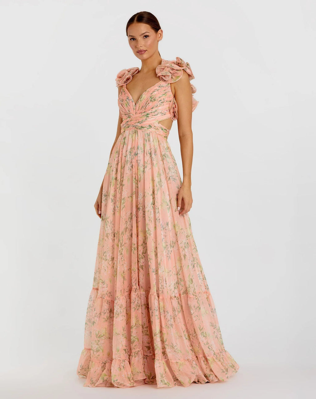 Damen Maxi-Kleid mit floralen Rüschen und schwingendem Design