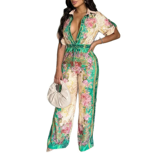 Damen Satin-Jumpsuit mit Hemdkragen, tiefem V-Ausschnitt und weitem Palazzobein Shop Nory