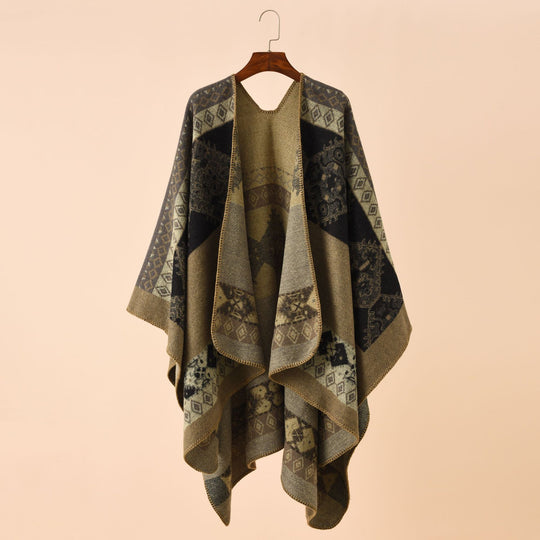 Damen Strickponcho im Paisley-Jacquard mit offener Vorderseite Shop Nory