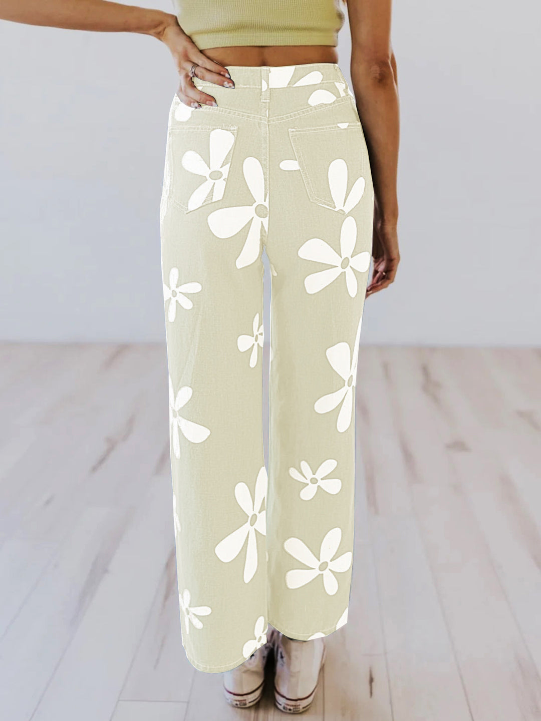 Damen Hochtaillierte Wide-Leg-Jeanshose mit großflächigem Blumenprint Shop Nory