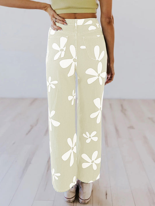 Damen Hochtaillierte Wide-Leg-Jeanshose mit großflächigem Blumenprint Shop Nory