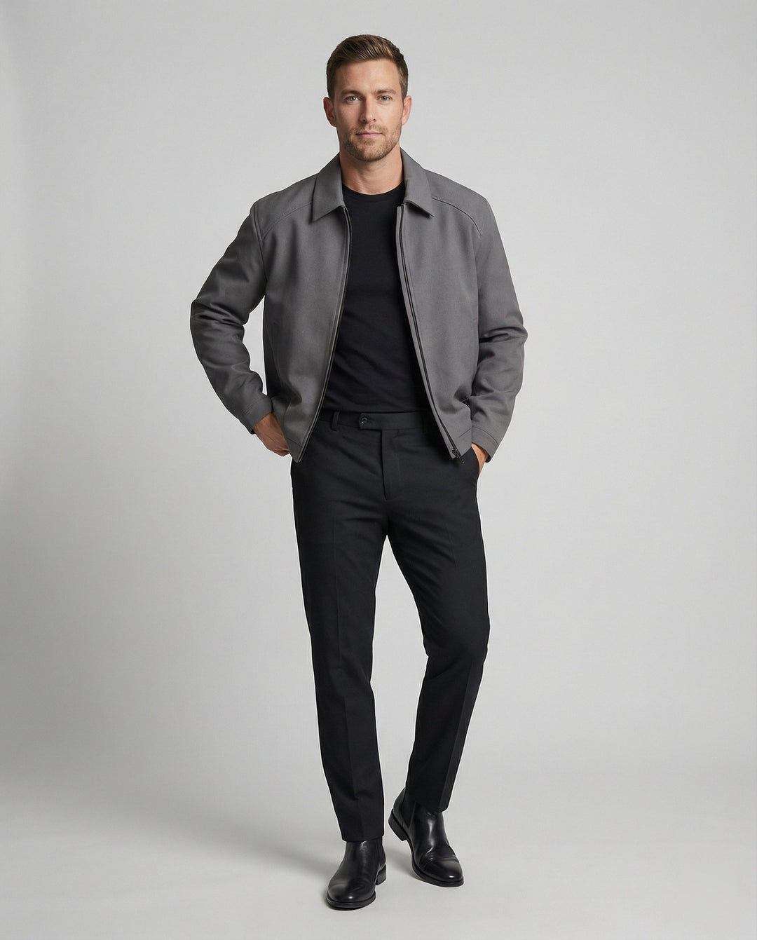 Herren kurze minimalistische Reißverschlussjacke mit Hemdkragen und kastiger Silhouette