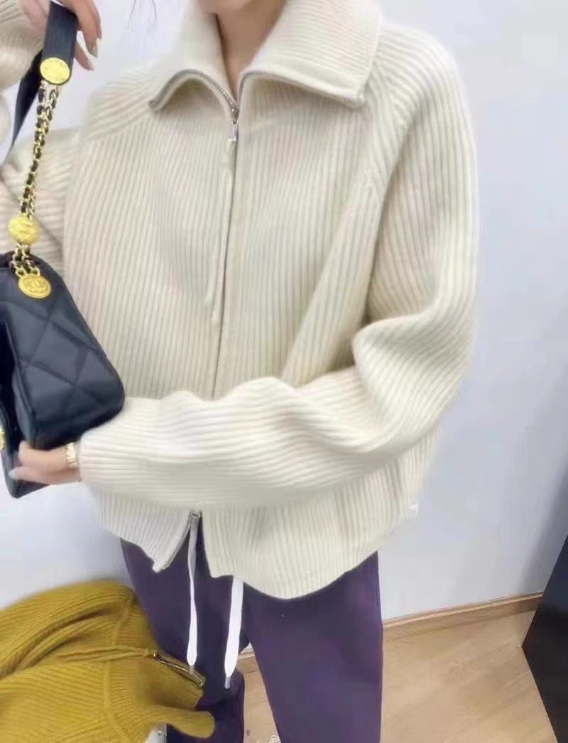 Damen Oversize-Strickjacke mit Reißverschluss, Stehkragen und gerippter Struktur Shop Nory