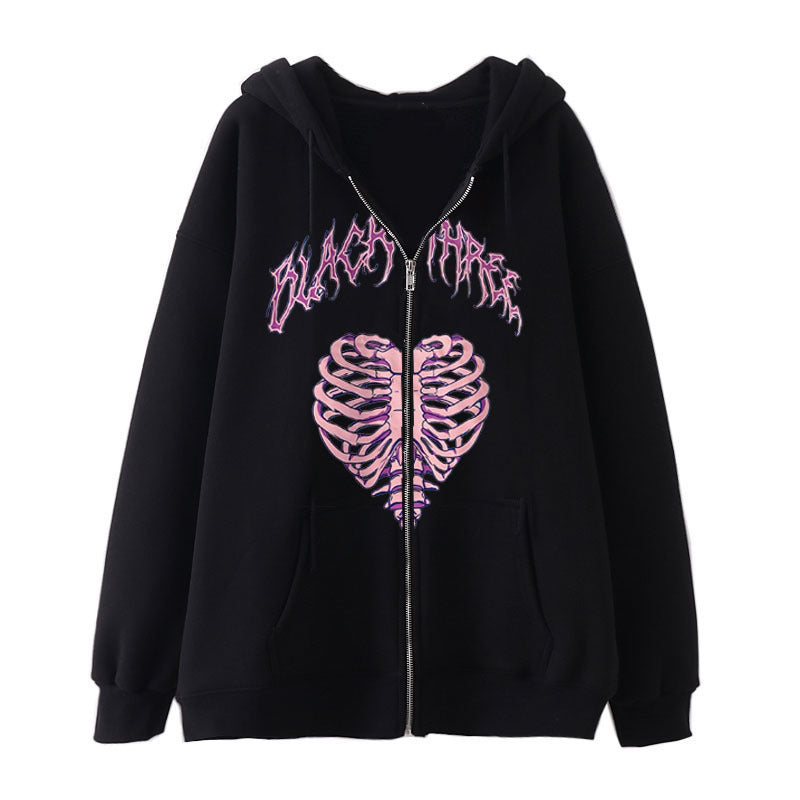 Damen nan Kapuzenjacke mit durchgehendem Reißverschluss und Rippenherz-Print Shop Nory