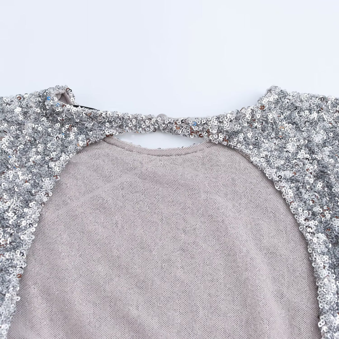 Damen Pailletten-Minikleid mit langen Ärmeln und U-Boot-Ausschnitt Shop Nory