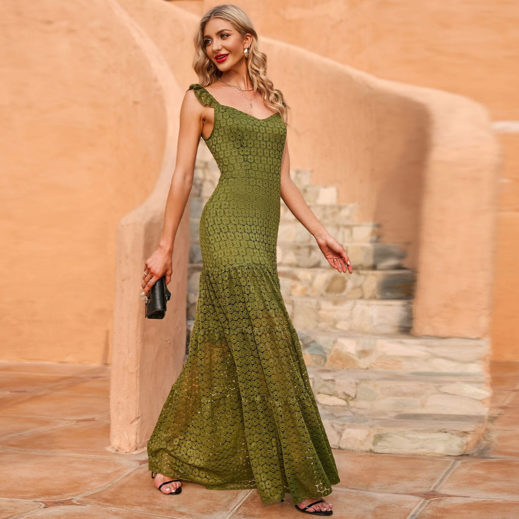 Damen Maxikleid mit exquisite Häkelstruktur und fließendem Rock