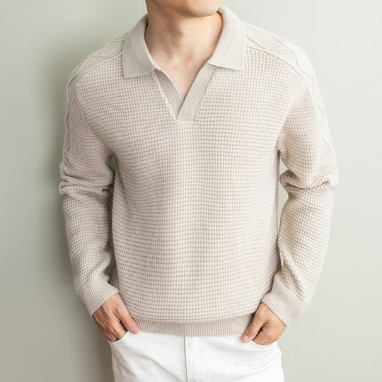 Herren Polo-Pullover mit strukturiertem Waffelstrick und Zopfmuster-Ärmeln Shop Nory