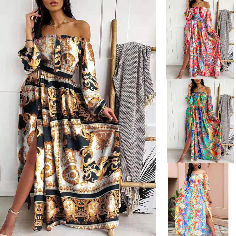Damen Maxikleid mit offenem Schulterdesign und aufwendigem Barockmuster Shopnory