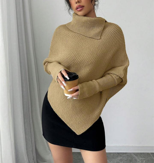 Damen Asymmetrischer Rippenstrick-Poncho mit hohem Rollkragen und verlängerten Ärmeln Shop Nory