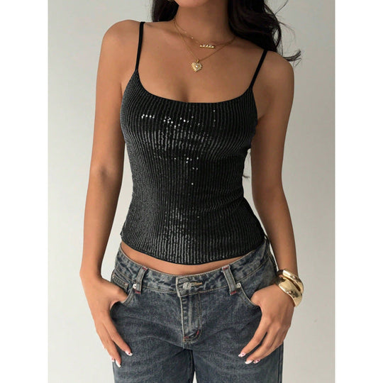 Damen Elegantes Spaghetti-Träger-Top mit Pailletten und figurbetontem Schnitt