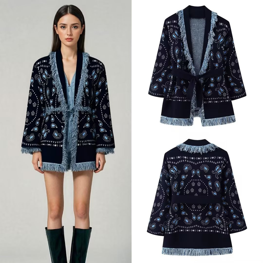 Damen Fransen-Kimono-Cardigan mit Paisley-Jacquard und Bindegürtel Shop Nory