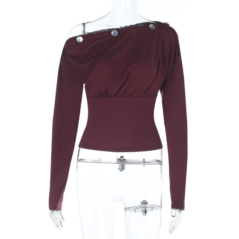 Damen One-Shoulder Langarm-Top mit taillierter Passform, elastischem Bund und Zierknöpfen Shop Nory