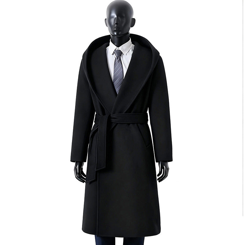 Damen Maxilanger Kapuzenmantel aus Wollmix mit Bindegürtel und weichem Innenfutter Shop Nory