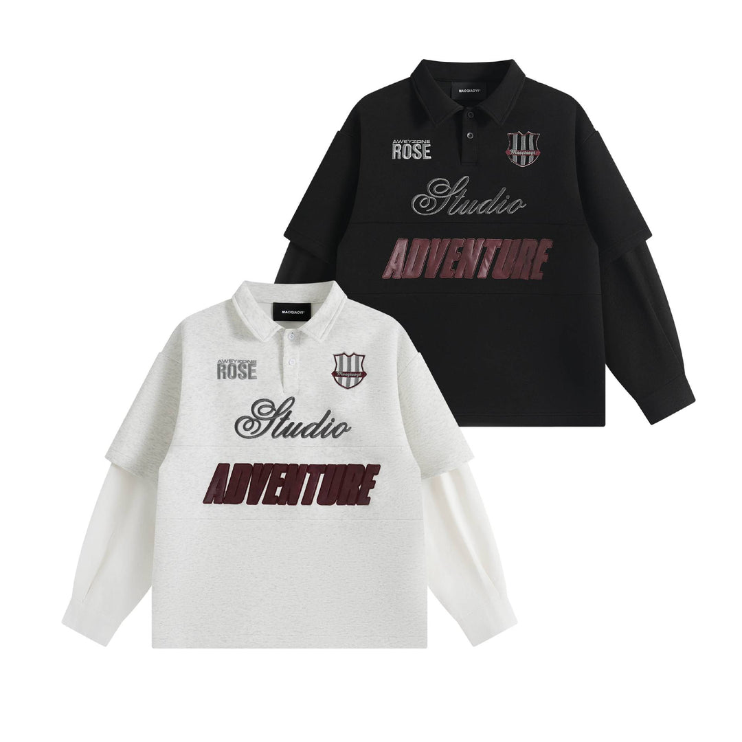 Damen Lagenlook-Sweatshirt mit Polokragen und aufgesetzten Stick-Patches Shop Nory