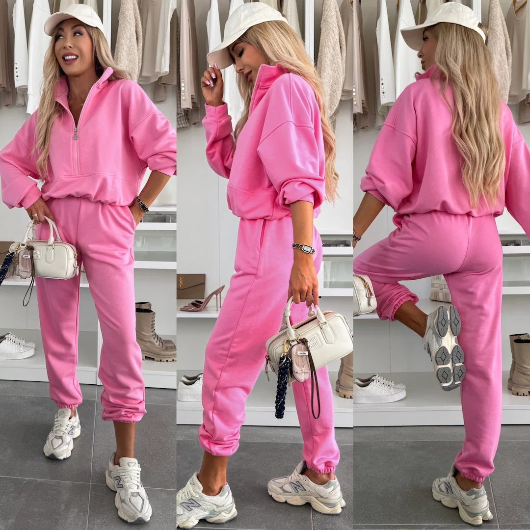 Damen kuscheliger Freizeit-Jogginganzug mit halbem Reißverschluss, Kängurutasche und elastischen Bündchen Shop Nory
