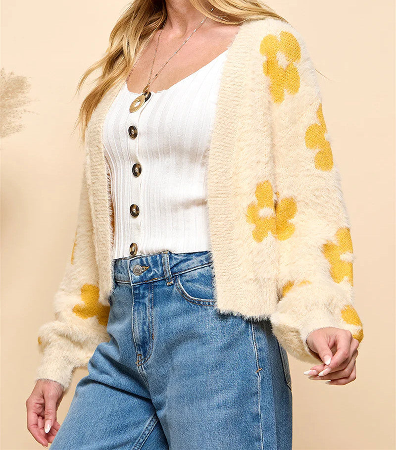 Damen Flauschiger Cardigan mit Blumenmuster