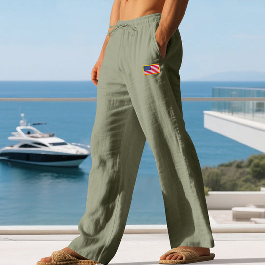 Herren Maritime Relaxed‑Fit Leinenoptik-Freizeithose mit Tunnelzug & Flaggen-Patch Shop Nory