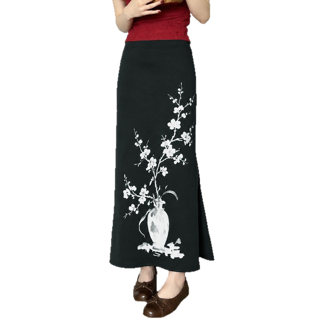 Damen nan ausgestellter Maxi-Rock mit A-Linien-Schnitt, elastischem Bund und floraler Aquarell-Vasen-Print Shop Nory