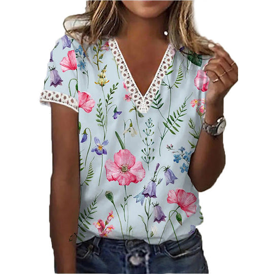 Elegantes T-Shirt mit Kurzen Ärmeln und V-Ausschnitt Print für Damen