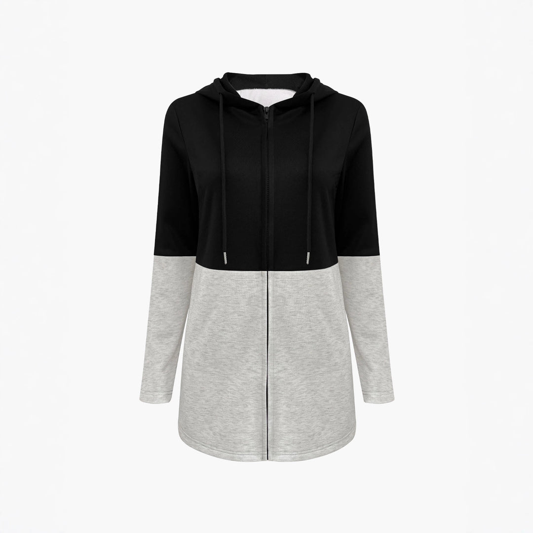 Damen Longline Kapuzen‑Sweatjacke mit Farbblock, Reißverschluss und Eingrifftaschen Shop Nory