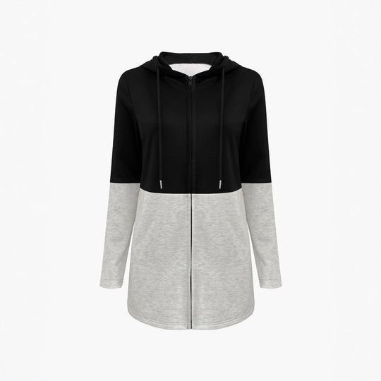 Damen Kapuzen-Sweatjacke mit Colorblock, Reißverschluss und lässiger Longline-Silhouette Shop Nory