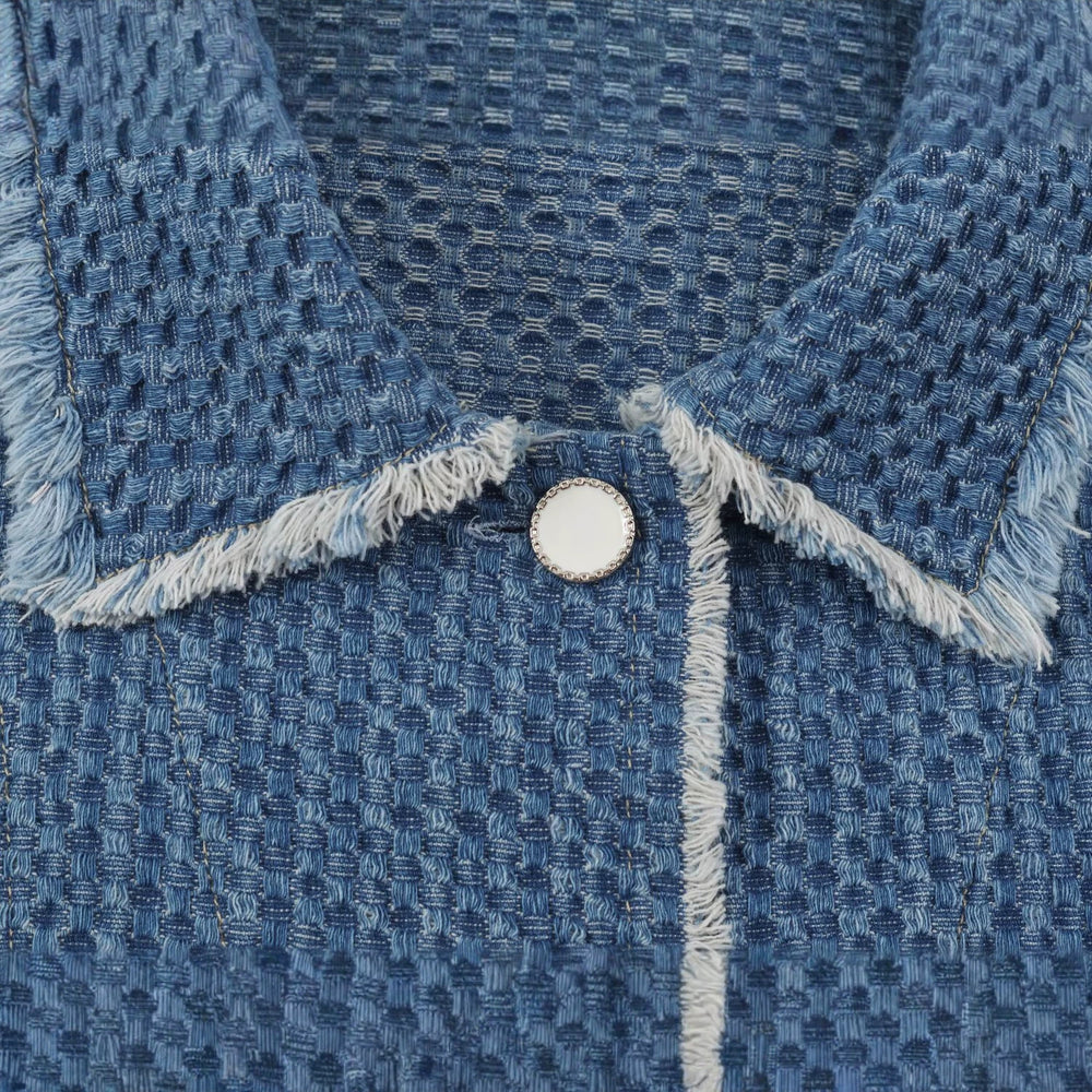 Damen strukturierte Kurzjacke aus Bouclé-Denim mit Fransensaum Shop Nory