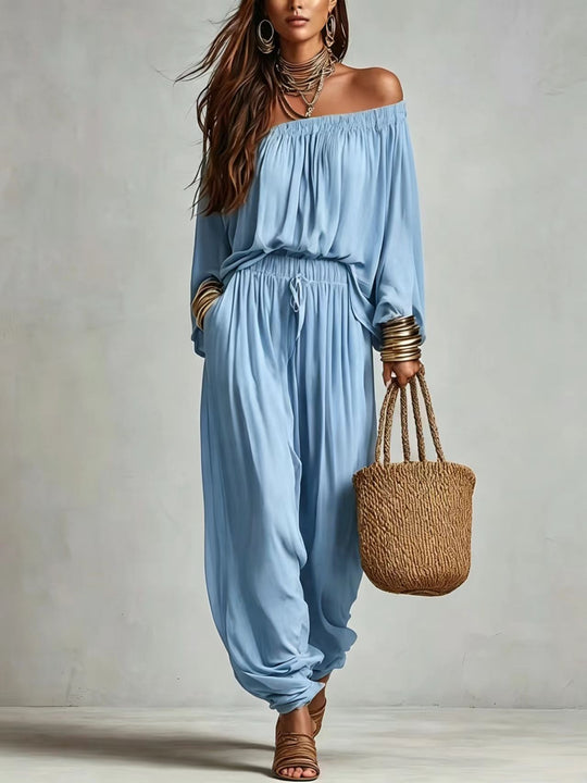 Damen Off-Shoulder Jumpsuit mit elastischem Taillenbund und weitem Plissee-Hosenbein Shop Nory