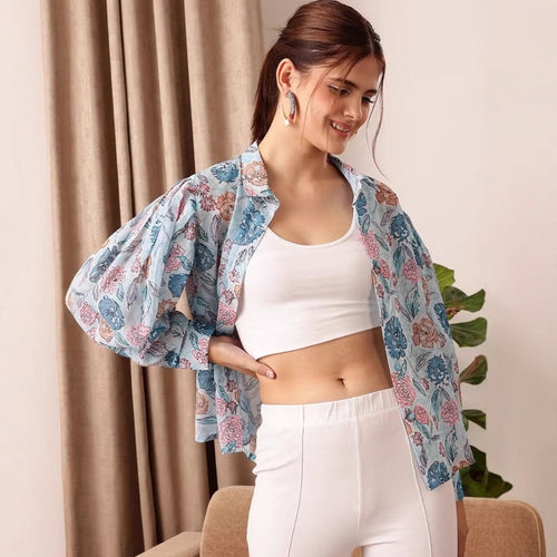 Damen Leichte Chiffon-Bluse mit floralem Allover-Print und Ballonärmeln Shop Nory