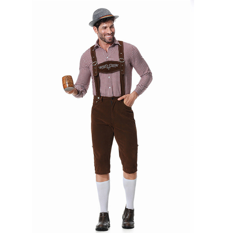 Herren nan kurze Trachtenlederhose in Veloursleder-Optik mit besticktem Brustlatz und verstellbaren Trägern Shop Nory