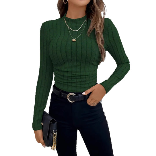 Damen Figurnahes geripptes Langarmshirt mit Stehkragen und Strukturstreifen Shop Nory