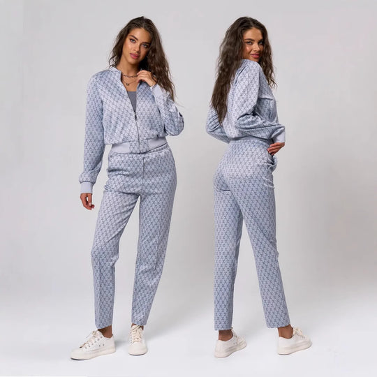 Damen jacquard Lounge-Set mit kurzer Bomberjacke und hochgeschnittener Kordelzug-Hose Shop Nory