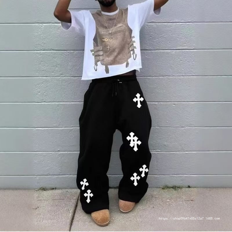 Herren Weite Sweatpants mit Gothic-Kreuz-Print, Tunnelzug & Tiefer Schritt Shop Nory