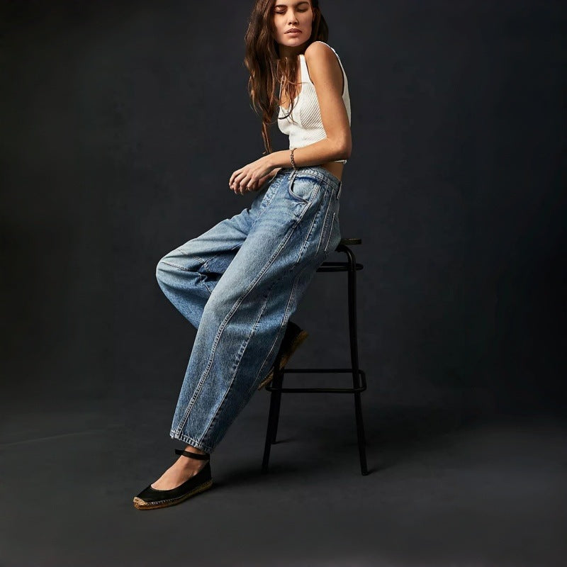 Damen Weite High-Waist Jeans im Vintage-Look mit ausgefallenem Waschverfahren
