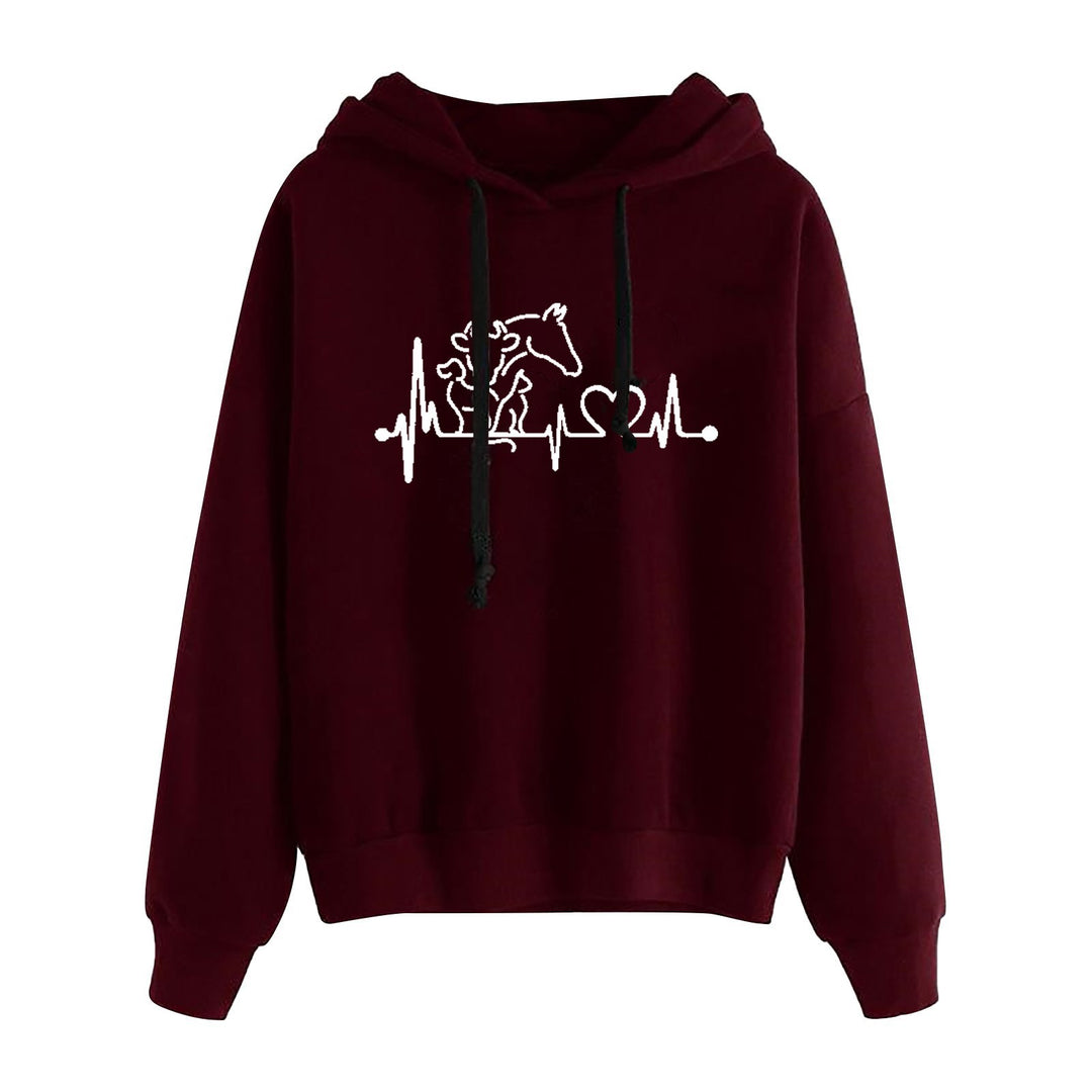 Damen nan leichter Oversize Kapuzenpullover mit Herz‑EKG‑Motiv, langen Kordeln und elastischem Bund Shop Nory
