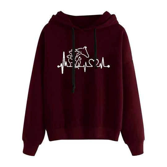 Damen nan leichter Oversize Kapuzenpullover mit Herz‑EKG‑Motiv, langen Kordeln und elastischem Bund Shop Nory