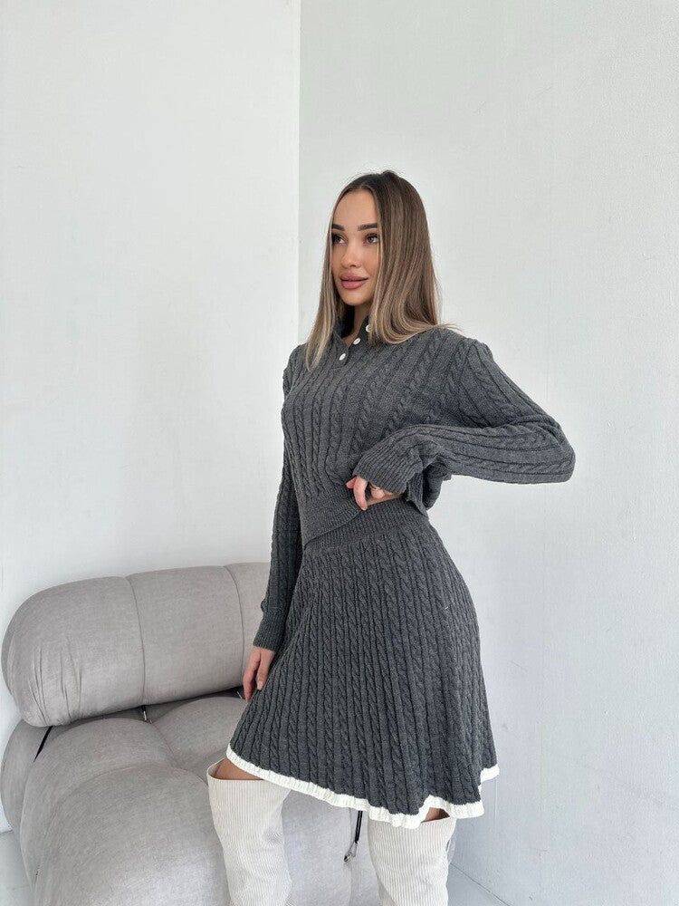 Damen gestricktes Polo-Lounge-Set mit Zopfmuster, tailliertem Cropped-Pullover und A-Linien-Rock Shop Nory
