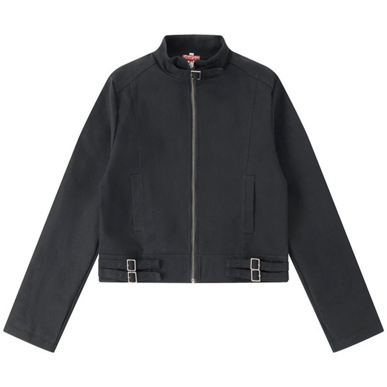 Damen Kurz geschnittene Baumwoll-Utility-Jacke mit Stehkragen Frontreißverschluss und verstellbaren Taillenriemen Shop Nory